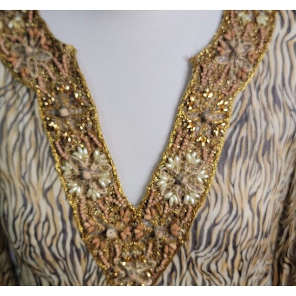 Vintage Cache Sheer Animal Print Blouse Sz M Silk Beading V-neck Old Money Cute - Picture 2 of 7